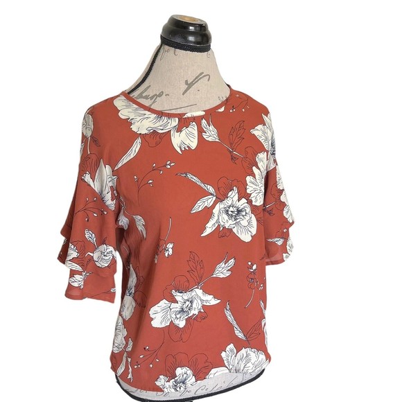 Sienna Sky Womens Blouse Size XS Floral Print Tiered Ruffle Sleeve Button Flawed - Picture 3 of 15